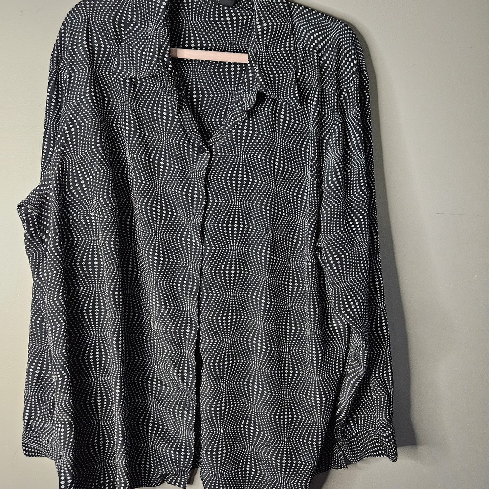 Josephine Chaus Women Black White Geometric Silk Collared Button-Up Blouse 20